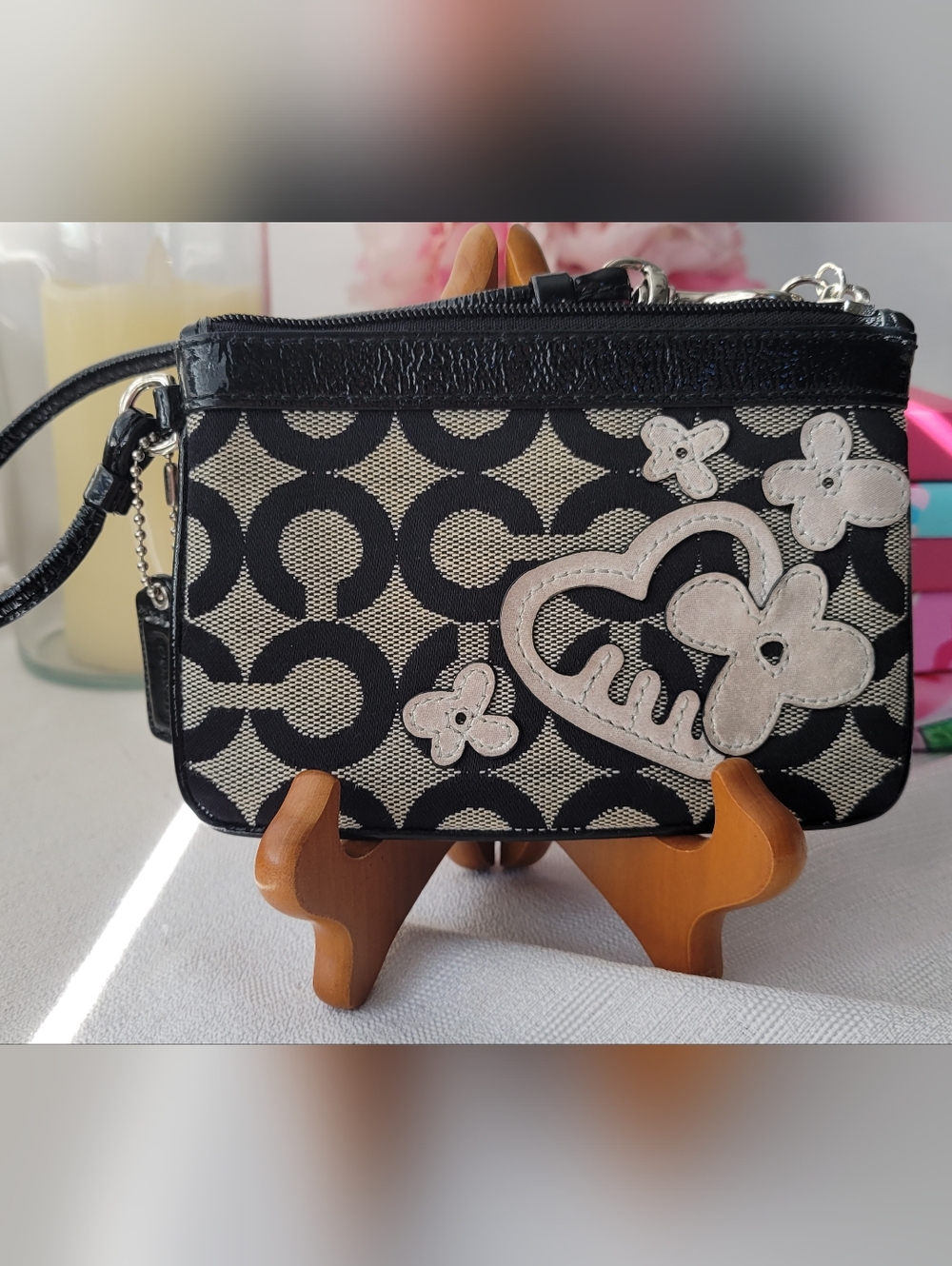 Coach Poppy Shimmer Heart Wristlet